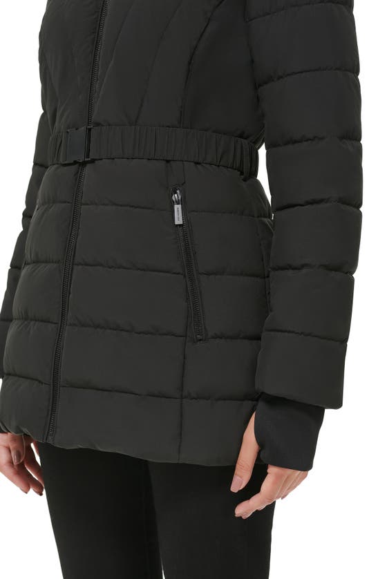 Shop Kenneth Cole New York Berber Belted Stretch Water Resistant Hooded Puffer Jacket In Black