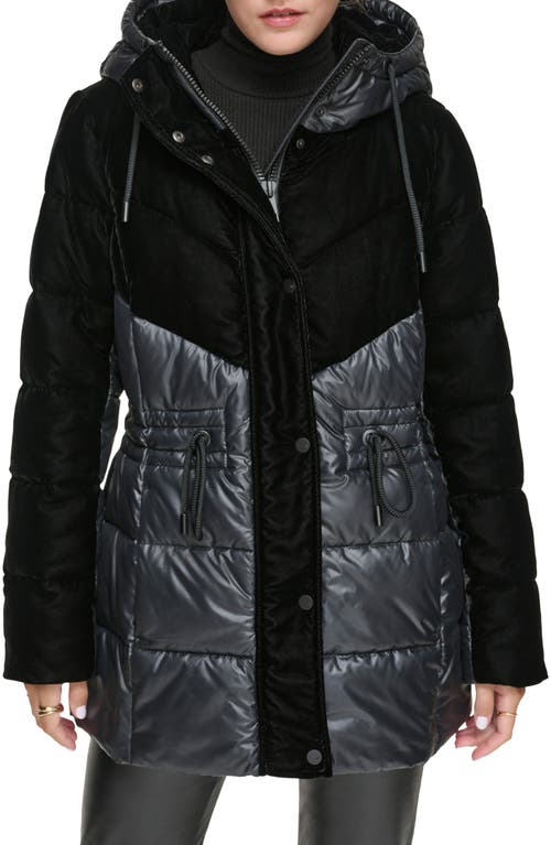 Shop Andrew Marc Velvet Panel Hooded Puffer Jacket In Black