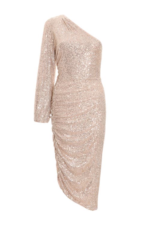 Quiz Sequin One Shoulder Midi Dress In Neutral