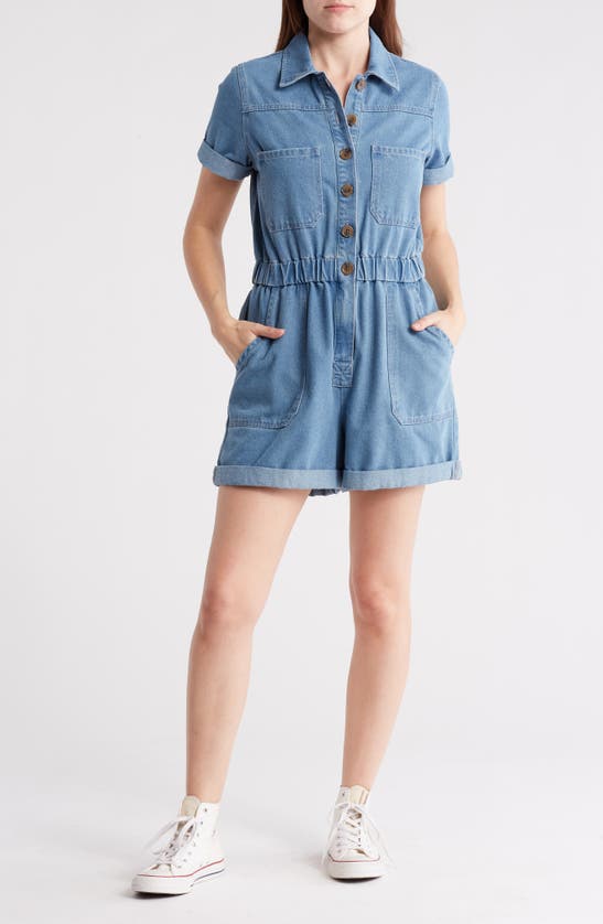 Shop Vigoss Button Front Denim Romper In Medium Wash