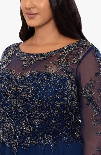 Xscape Illusion Crew Neck Long Sleeve Floral Beaded Bodice Chiffon