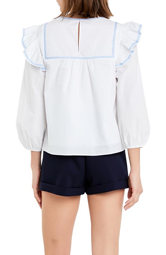 Shop English Factory Embroidered Ruffle Balloon Sleeve Cotton Top In White/ Powder Blue