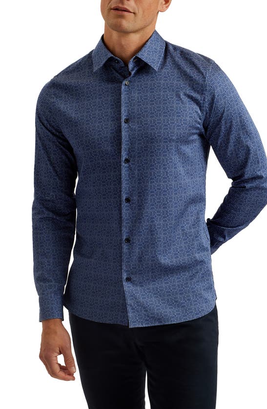 Ted Baker Endover Line Slim Fit Geo Print Cotton Button-up Shirt In Navy