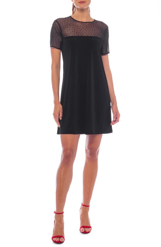 Shop Marina Beaded Illusion Neck Short Sleeve Mini Dress In Black