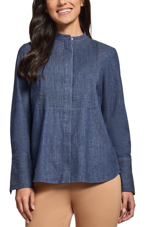 Shop Jones New York Pintuck Pleat Stretch Denim Button-up Shirt<br> In Dark Wash