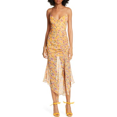 Nicholas Ruched Angled Hem Silk Dress, Yellow