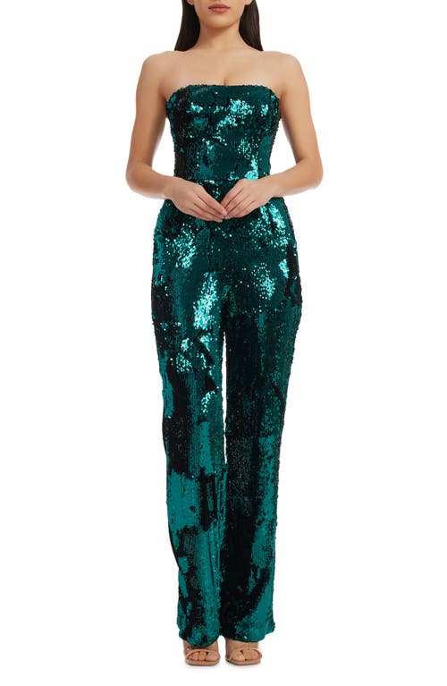 Andy Sequin Strapless Jumpsuit in Deep Emerald