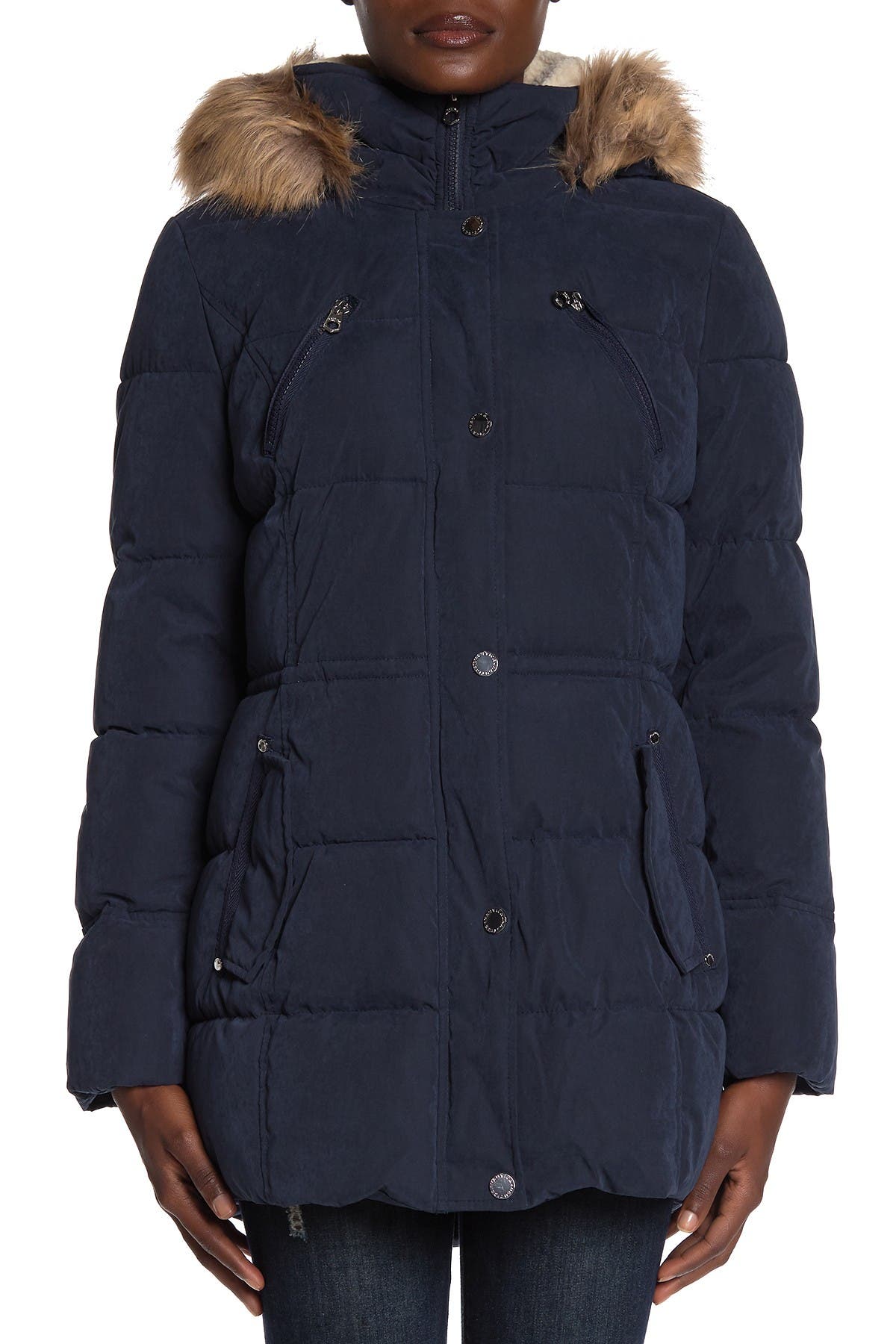 navy faux fur trim hooded puffer jacket