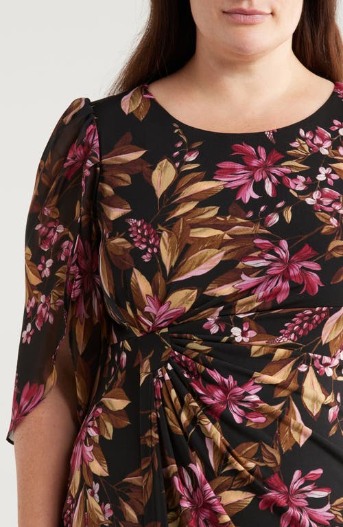 Shop Connected Apparel Floral Chiffon Sleeve Faux Wrap Dress In Merlot