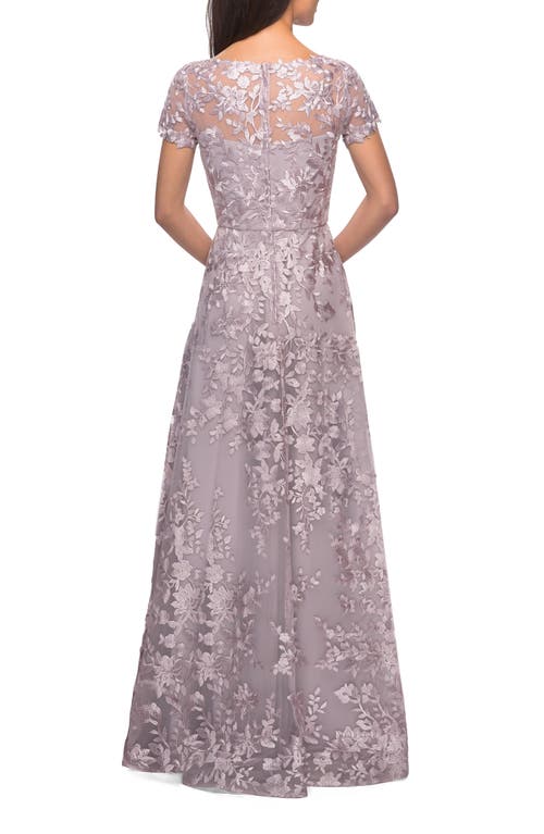 Shop La Femme Long Lace Evening Dress With Cap Sleeves In Antique Blush