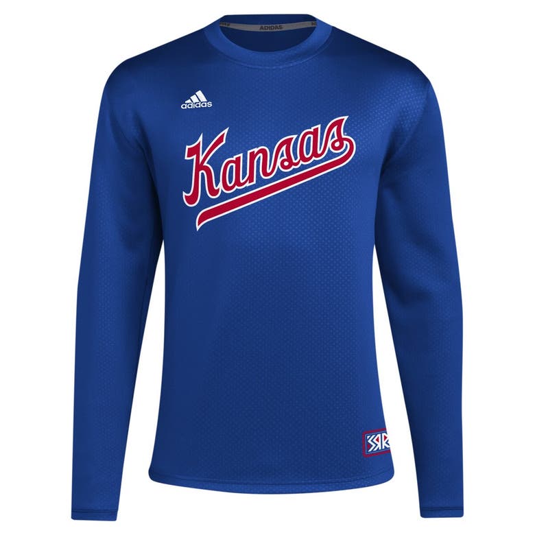Shop Adidas Originals Adidas Royal Kansas Jayhawks Reverse Retro Baseball Script Pullover Sweatshirt