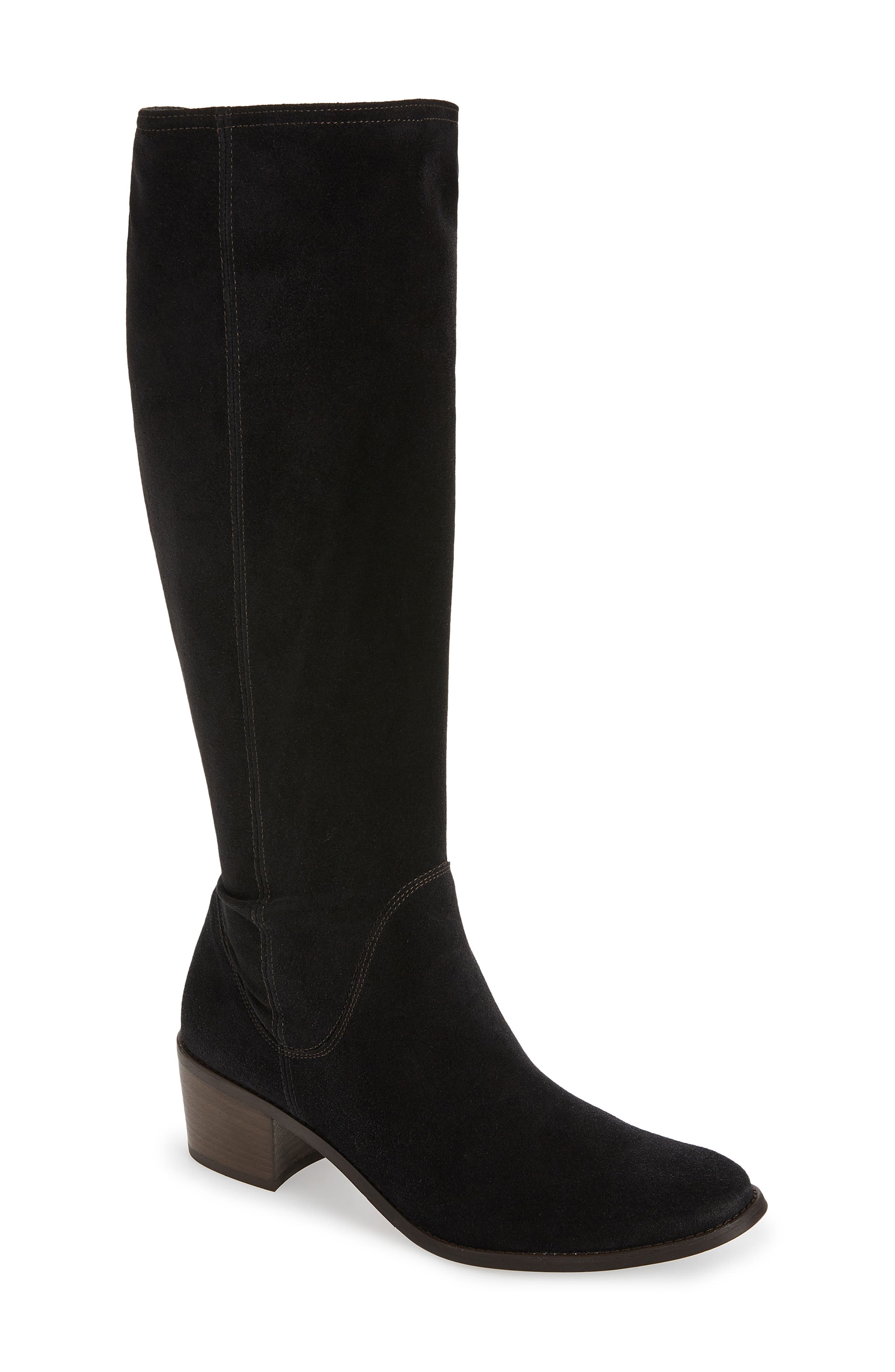 tall black suede boots with low heel