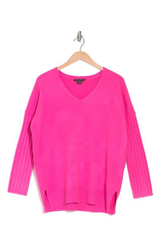 French Connection Ribbed Sleeve V-neck Sweater In Bright Prosecco Pink