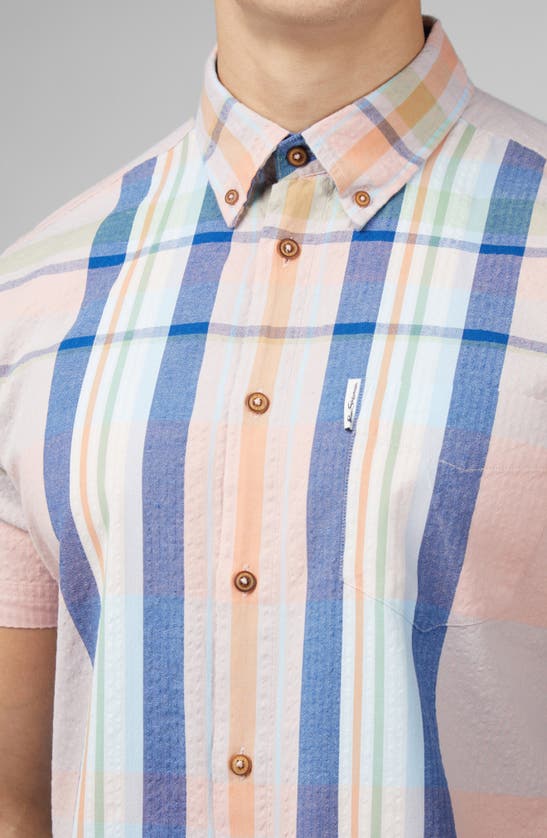 Shop Ben Sherman Plaid Short Sleeve Seersucker Button-down Shirt In Pale Pink