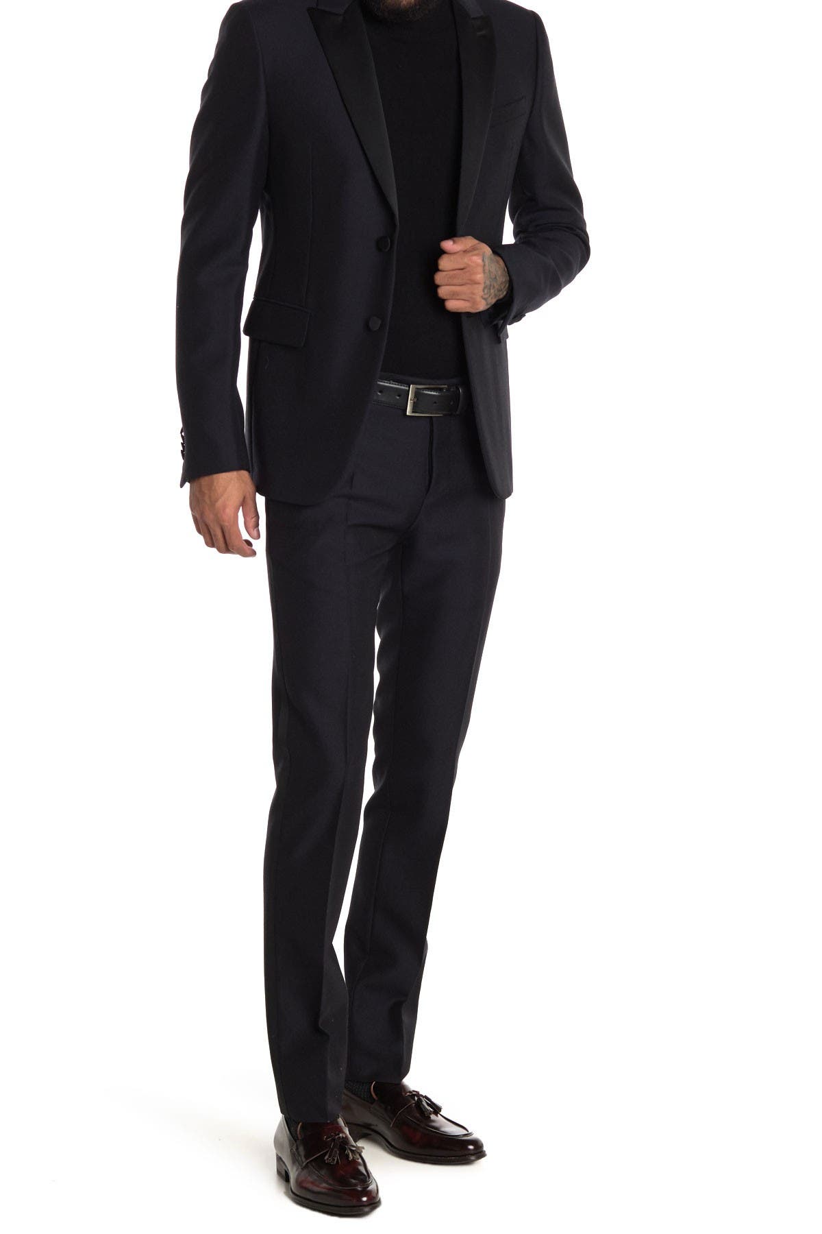 navy suit with black collar