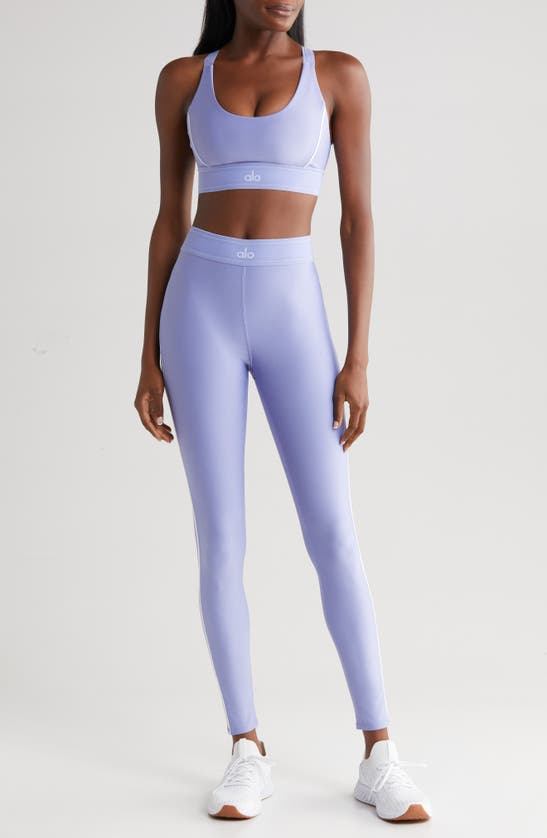 Shop Alo Yoga Suit Up Leggings In Lilac Blue/ White