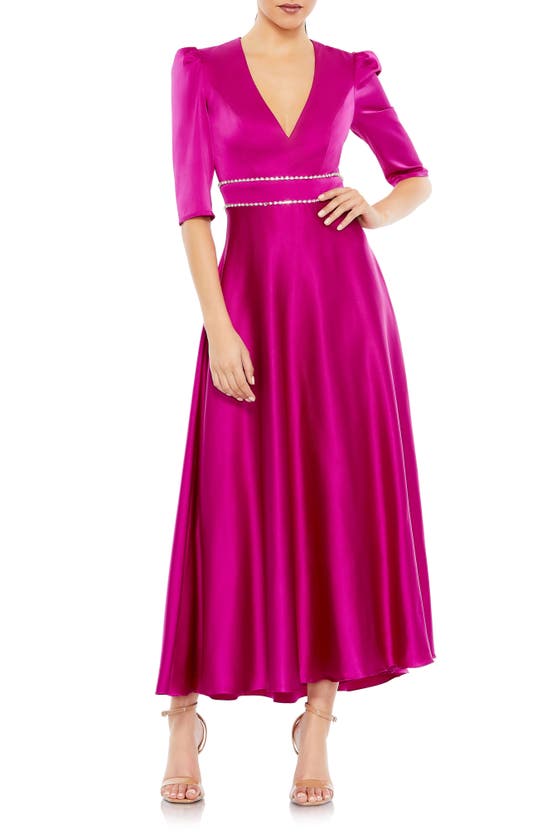 Shop Mac Duggal Rhinestone Trim Satin Gown In Fuchsia