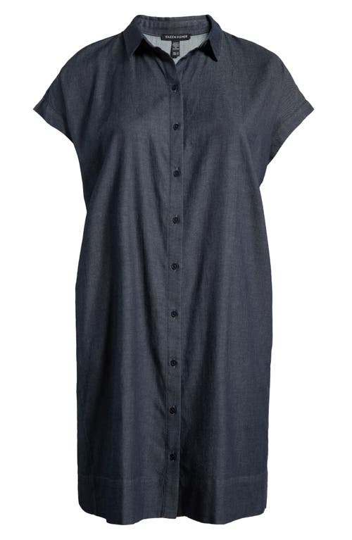 Shop Eileen Fisher Short Sleeve Organic Cotton Chambray Shirtdress In Denim