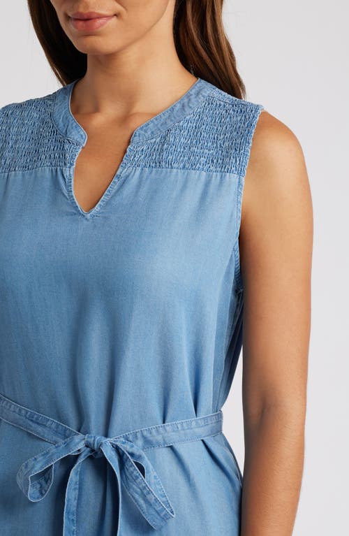 BEACHLUNCHLOUNGE BEACHLUNCHLOUNGE RIRI SMOCKED YOKE TIE WAIST SLEEVELESS CHAMBRAY DRESS