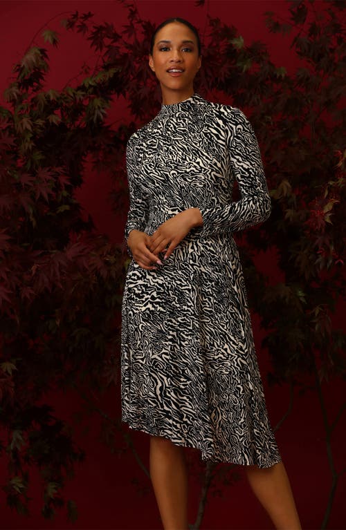 Shop Maggy London Asymmetric Mock Neck Long Sleeve Knit Dress In Charcoal/cream