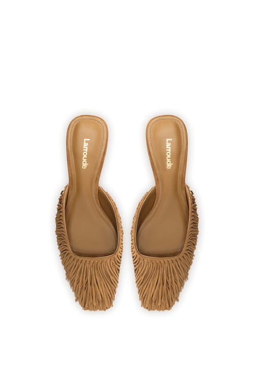 Larroude Sienna Suede Fringe Kitten Mules In Tobacco