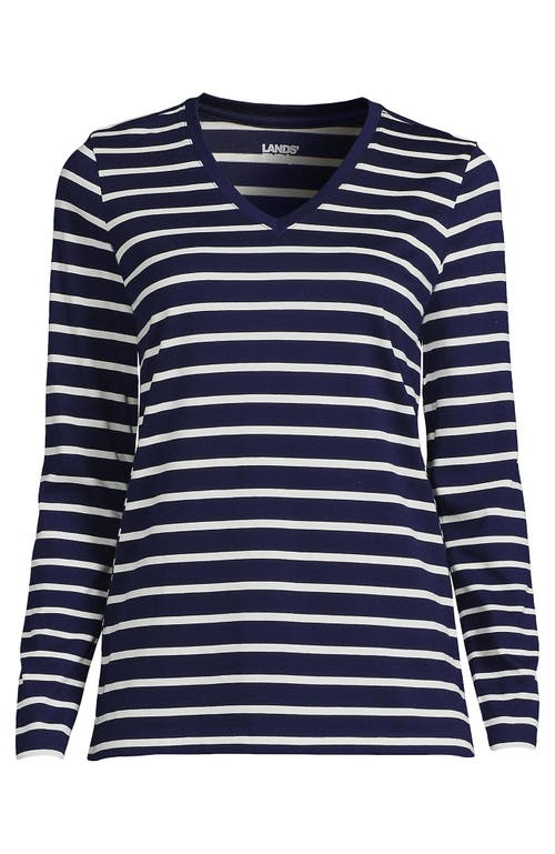 Lands' End Relaxed Supima Cotton Long Sleeve V-neck T-shirt In Deep Sea Navy Breton Stripe
