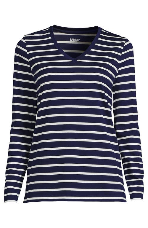 Shop Lands' End Plus Size Relaxed Supima Cotton Long Sleeve V-neck T-shirt In Deep Sea Navy Breton Stripe