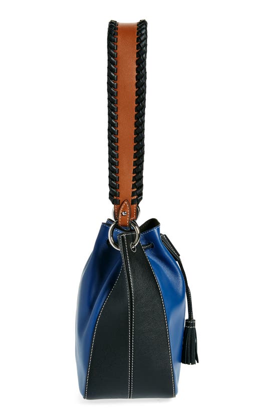 Shop Strathberry X Collagerie Bolo Colorblock Leather Bucket Bag In Black/ Chestnut/ Denim