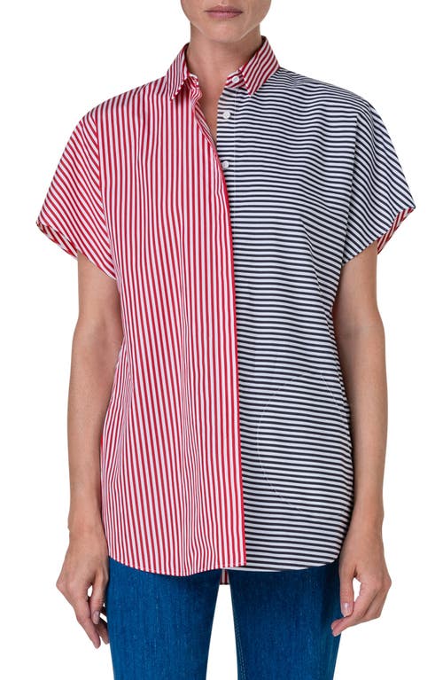 Akris punto Two-Tone Directional Stripe Short Sleeve Button-Up Cotton Shirt Cream-Red-Black at Nordstrom,