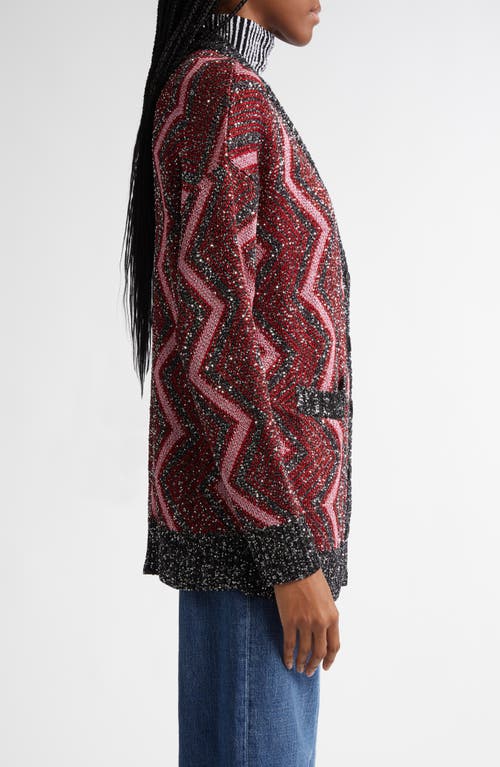 Shop Missoni Sequin Metallic Zigzag Stripe Cardigan In Red - Rose - Black