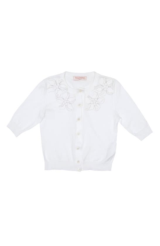 Shop Valentino Floral Appliqué Crop Cotton Cardigan In Bianco