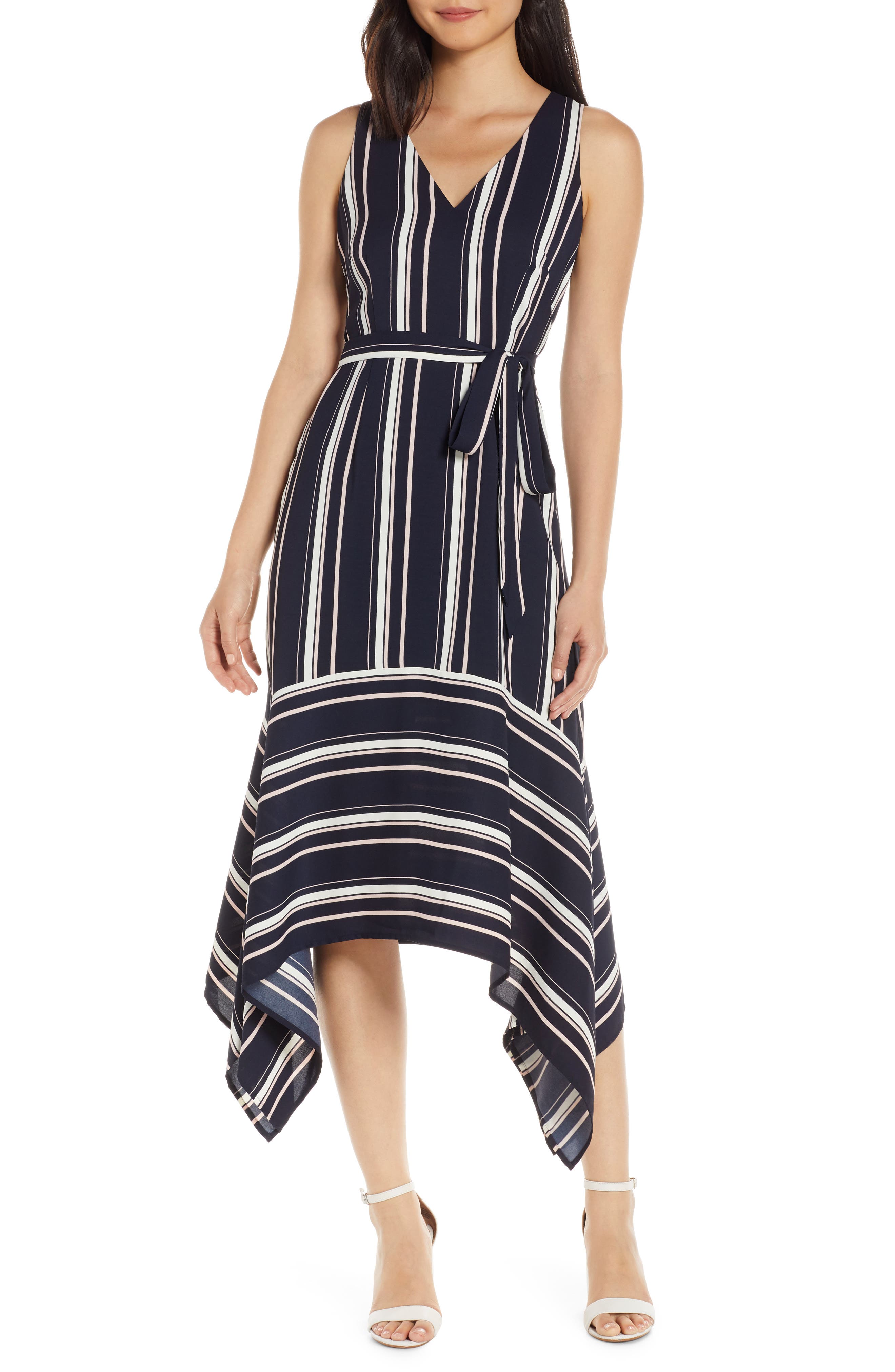 Vince Camuto Handkerchief Hem Stripe Crepe Dress, Blue