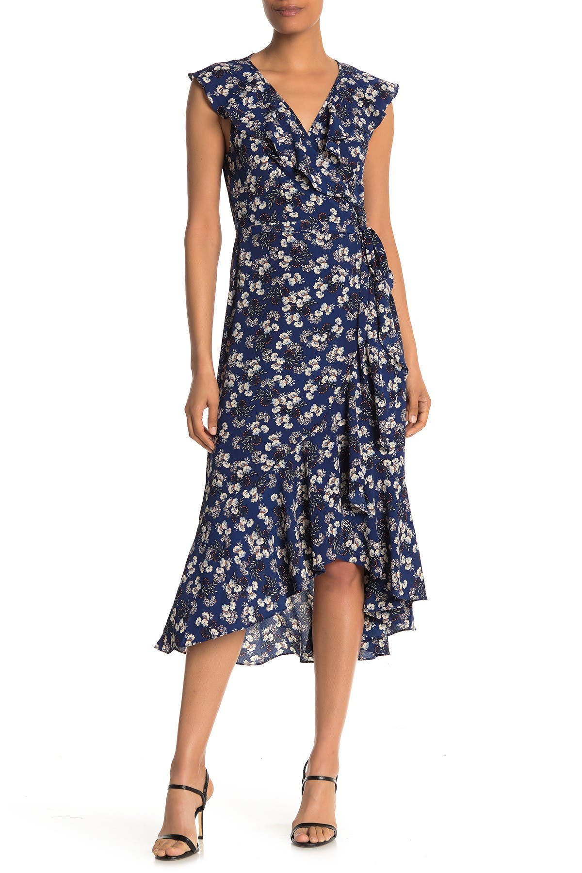 Max Studio Patterned Ruffle Wrap Midi Dress In Navy/coral Floral Berry