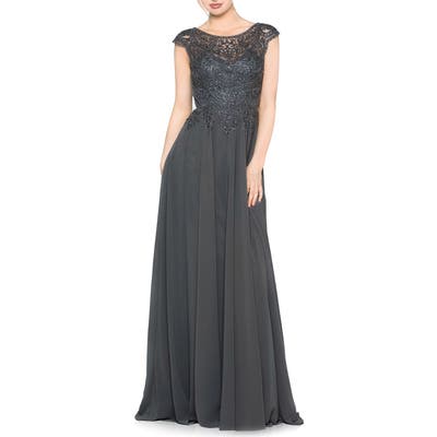 Marsoni Scalloped Lace & Chiffon A-Line Gown, Grey