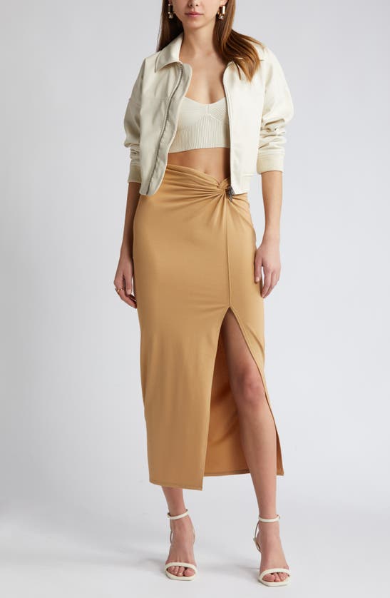 Shop Open Edit Twist Front Maxi Skirt In Tan Cartouche