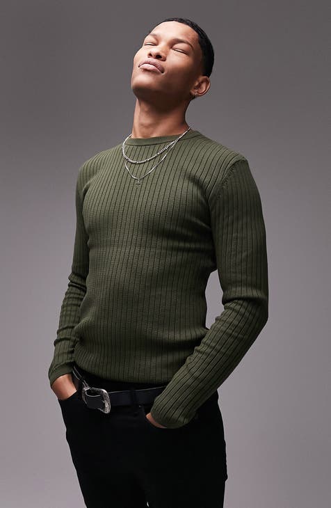Topman Knit Ribbed Crewneck Sweater in khaki-Green