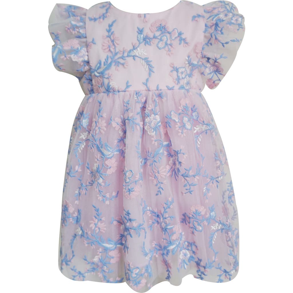 Popatu Floral Embroidered Flutter Sleeve Tulle Dress In Blue/pink