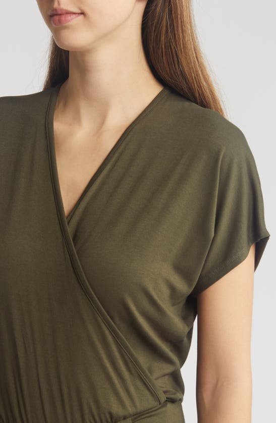 Shop Loveappella Short Sleeve Wrap Front Crop Jumpsuit In Olive