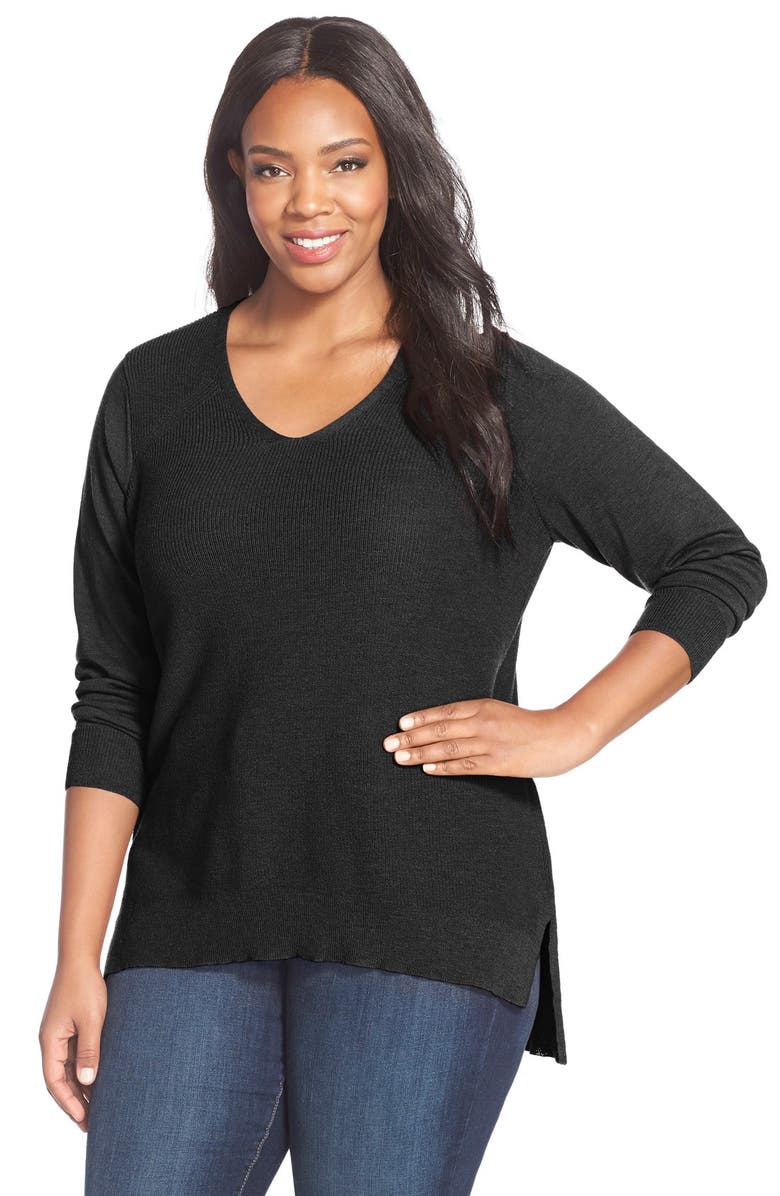 Eileen Fisher Rib Knit Wool V-Neck Top (Plus Size) | Nordstrom