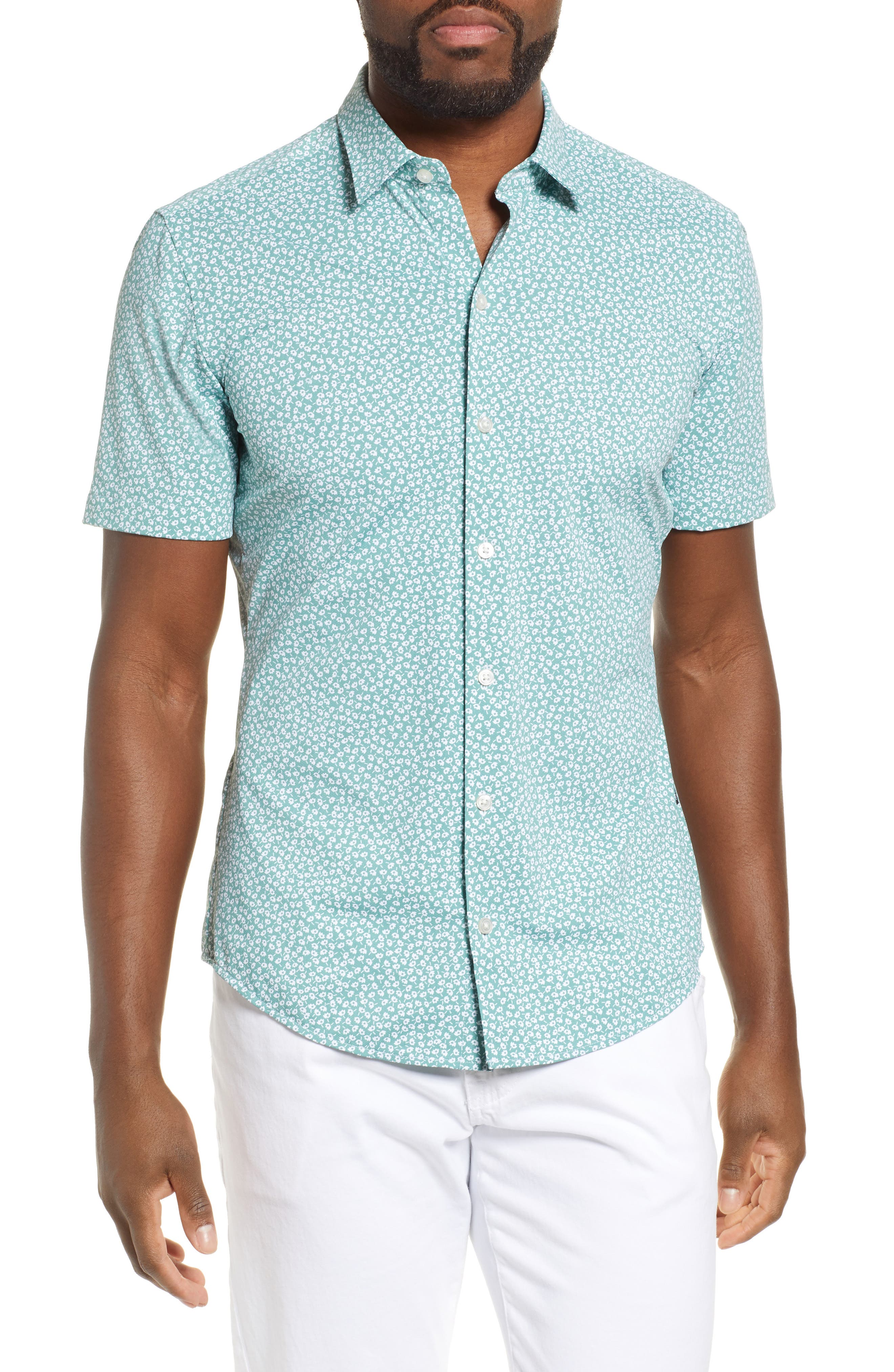 Boss Rob Sharp Fit Floral Print Sport Shirt, Green