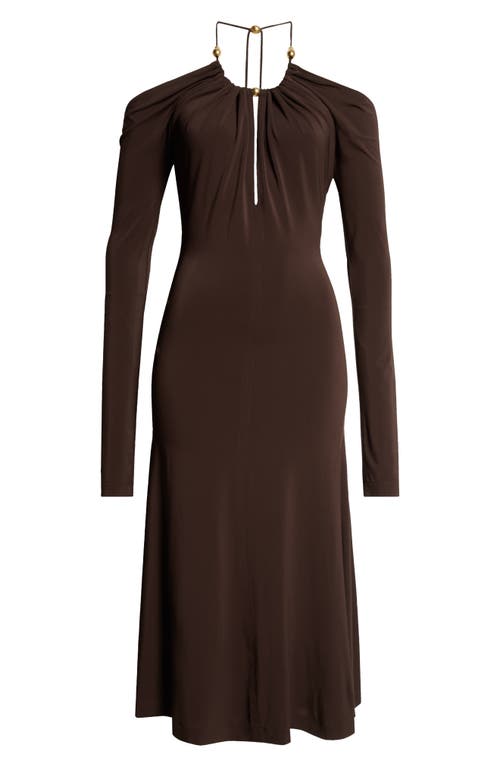 Shop Ferragamo Cold Shoulder Long Sleeve Crepe Jersey Halter Dress In Expresso