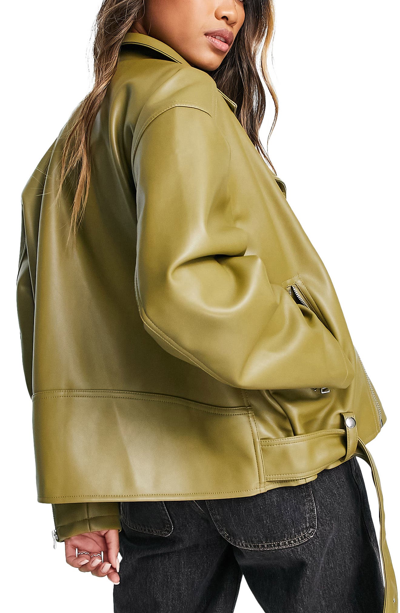 topshop green leather jacket