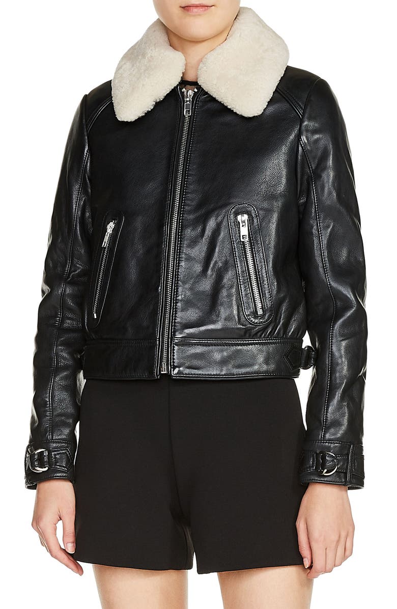 maje Genuine Shearling Collar Leather Aviator Jacket | Nordstrom