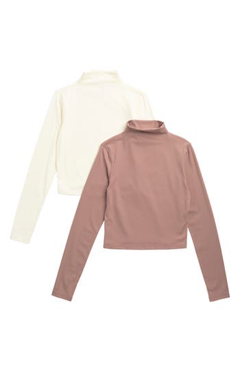 Shop Yogalicious Zenly Evelyn Set Of 2 Funnel Neck Long Sleeve Crop Tops In Gardenia/antler