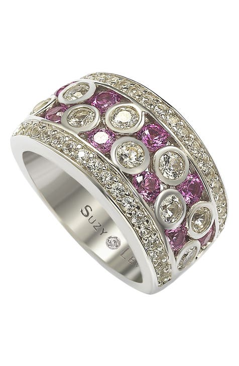 18K Yellow Gold Plated Sterling Silver Pink & White Sapphire Diamond Accent Band Ring - 0.02 ctw