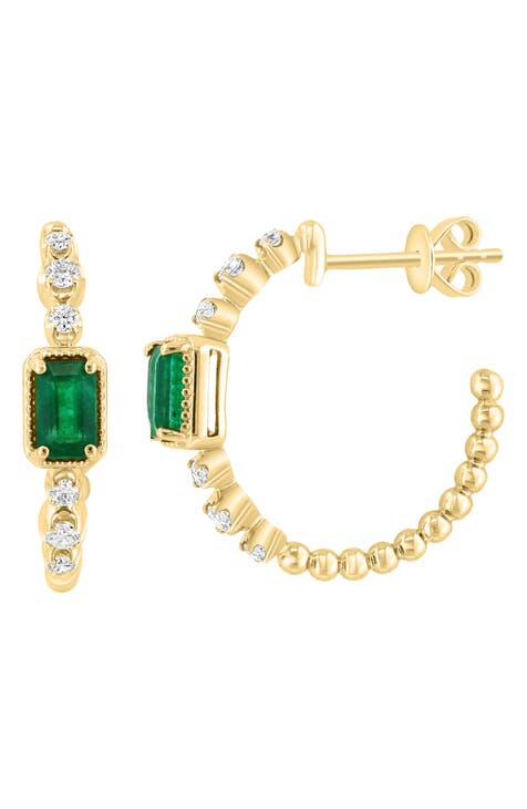 14K Yellow Gold Diamond & Emerald Hoop Earrings