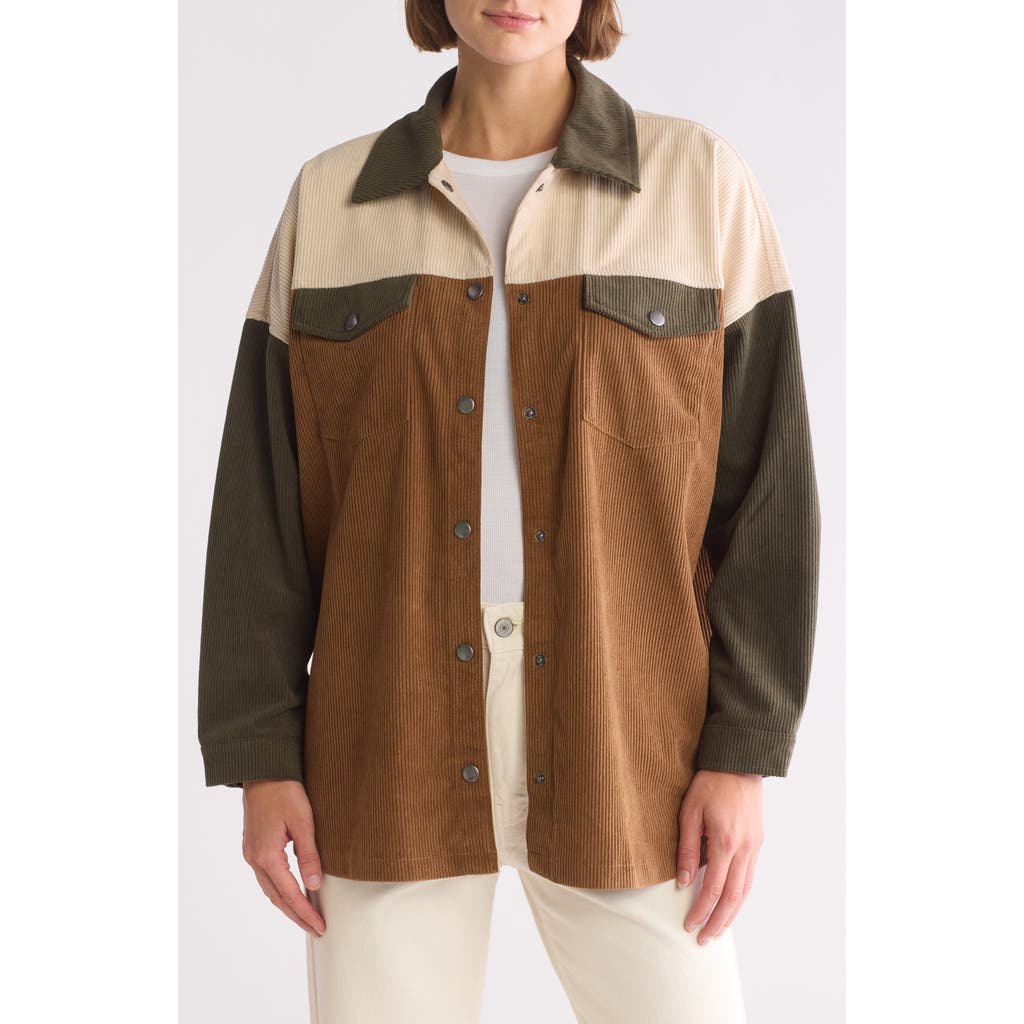 Thread & Supply Colorblock Corduroy Shacket In Olive Brown