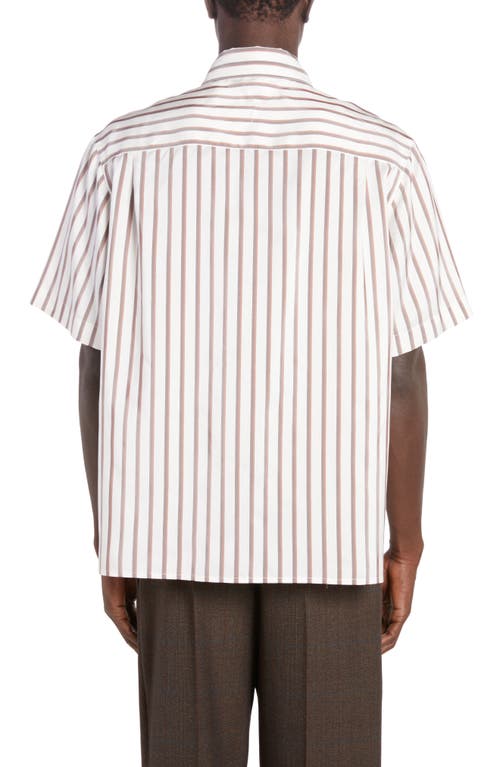 Shop Bottega Veneta Bicolor Stripe Short Sleeve Silk Button-up Shirt In 9032 White/brown/chestnut