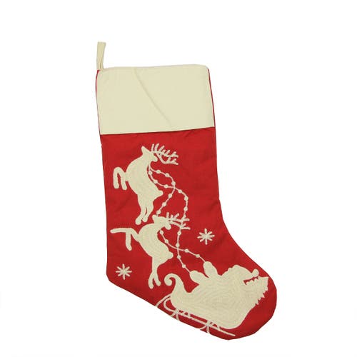 Gallerie Ii 20" Red And Off White Santa With His Sleigh And Reindeer Christmas Stocking In Red