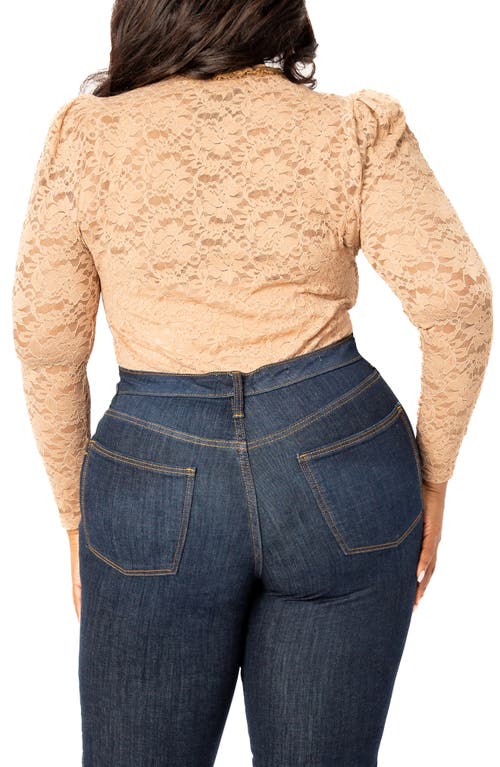Buxom Couture Sheer Stretch Lace Long Sleeve Bodysuit In Khaki